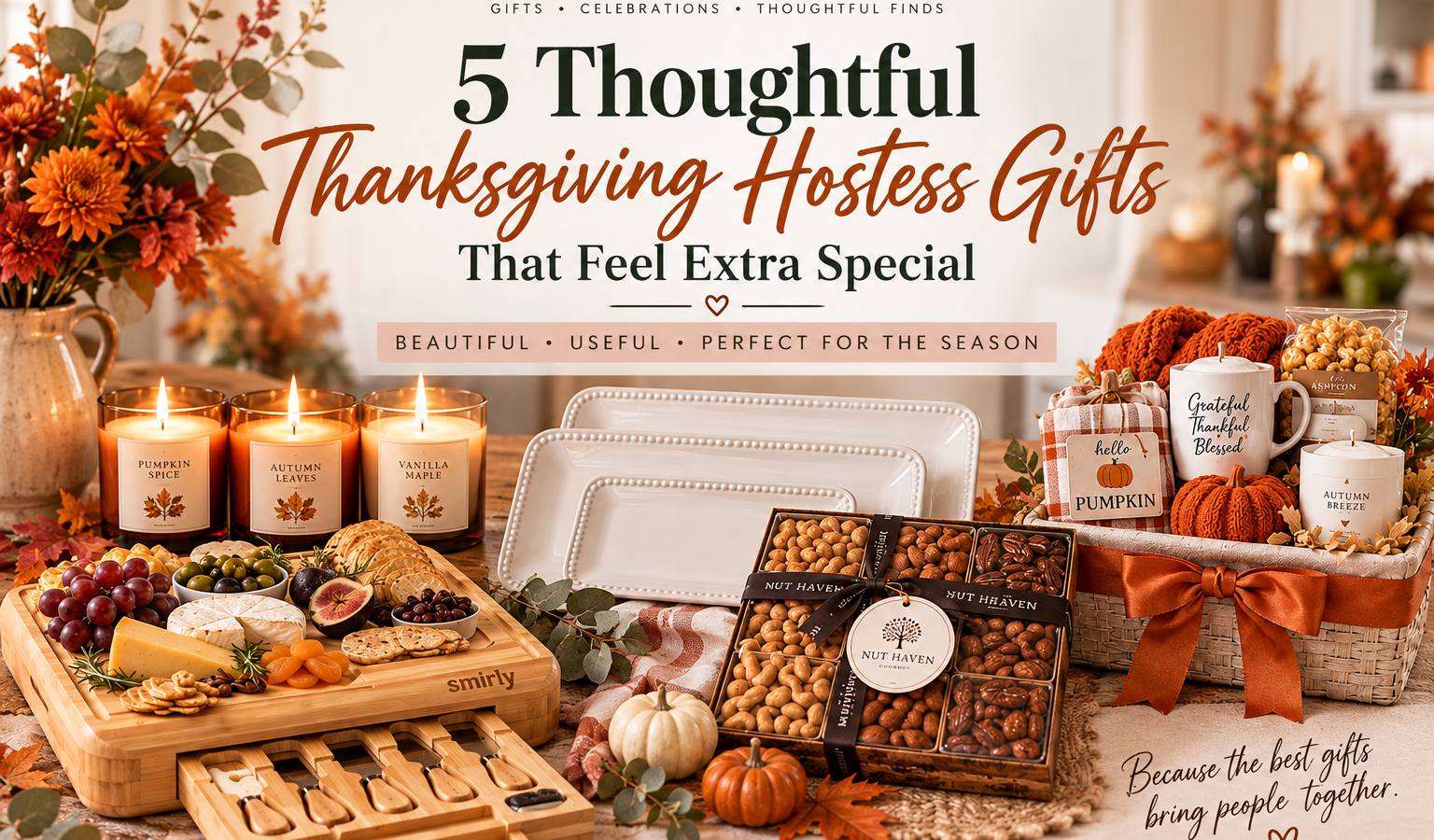 Thanksgiving hostess gift ideas featuring a charcuterie board, fall candles, serving platters, gourmet nuts, and a seasonal gift basket.