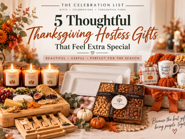 Thanksgiving hostess gift ideas featuring a charcuterie board, fall candles, serving platters, gourmet nuts, and a seasonal gift basket.