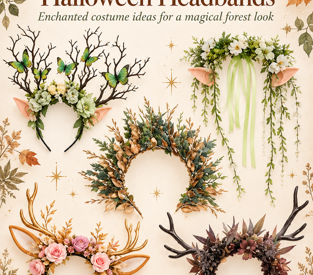 Five woodland fairy and elf Halloween headbands with antlers, flowers, vines and enchanted forest styling