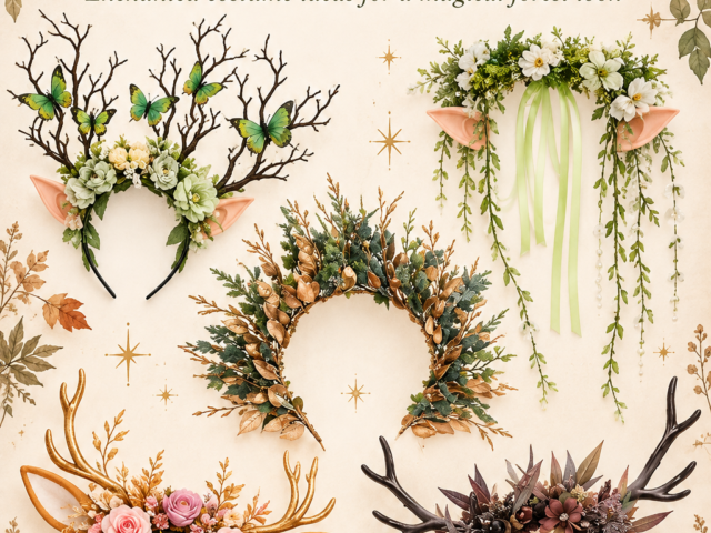 Five woodland fairy and elf Halloween headbands with antlers, flowers, vines and enchanted forest styling