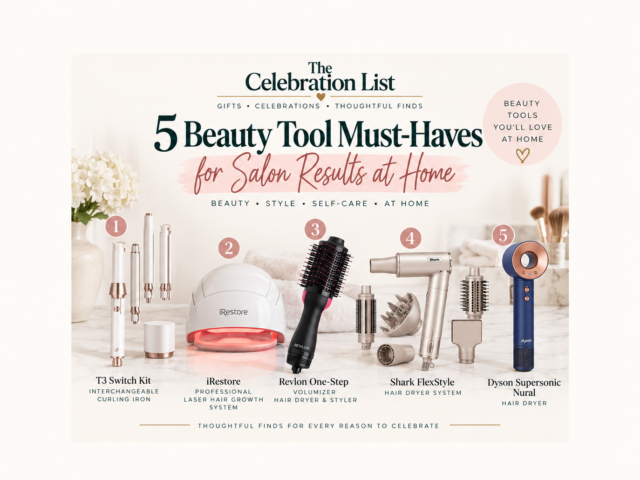 Five beauty tool must-haves for at-home styling, including curling, hair drying, volumizing, and beauty technology tools.