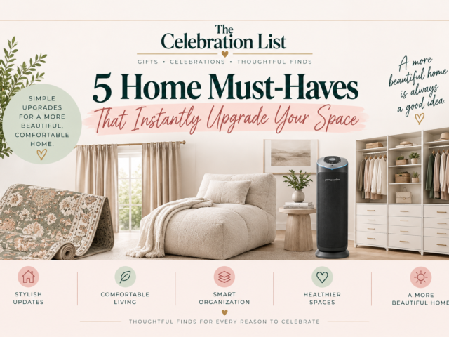 5 home must-haves for upgrading your space, featuring a washable rug, linen curtains, cozy chaise lounge, air purifier, and closet organization.