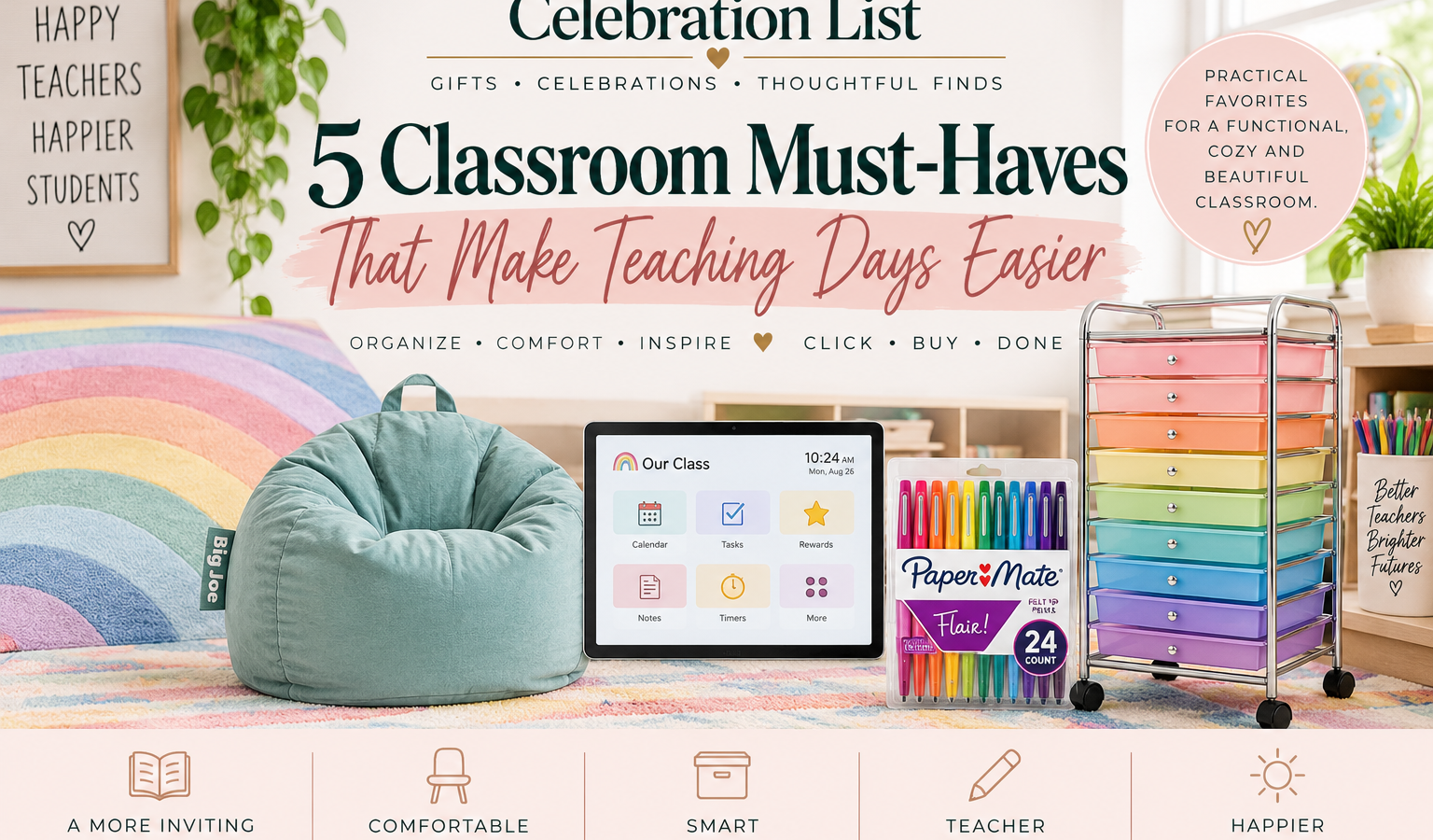 Classroom with a pastel rainbow rug, beanbag chair, digital calendar, colorful teacher pens, and rolling storage cart featured in The Celebration List’s 5 Classroom Must-Haves That Make Teaching Days Easier.