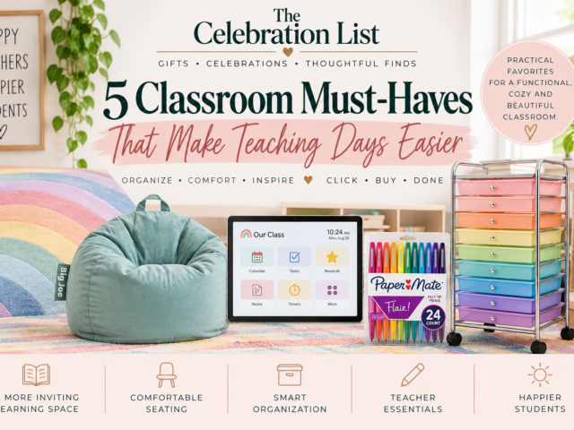 Classroom with a pastel rainbow rug, beanbag chair, digital calendar, colorful teacher pens, and rolling storage cart featured in The Celebration List’s 5 Classroom Must-Haves That Make Teaching Days Easier.
