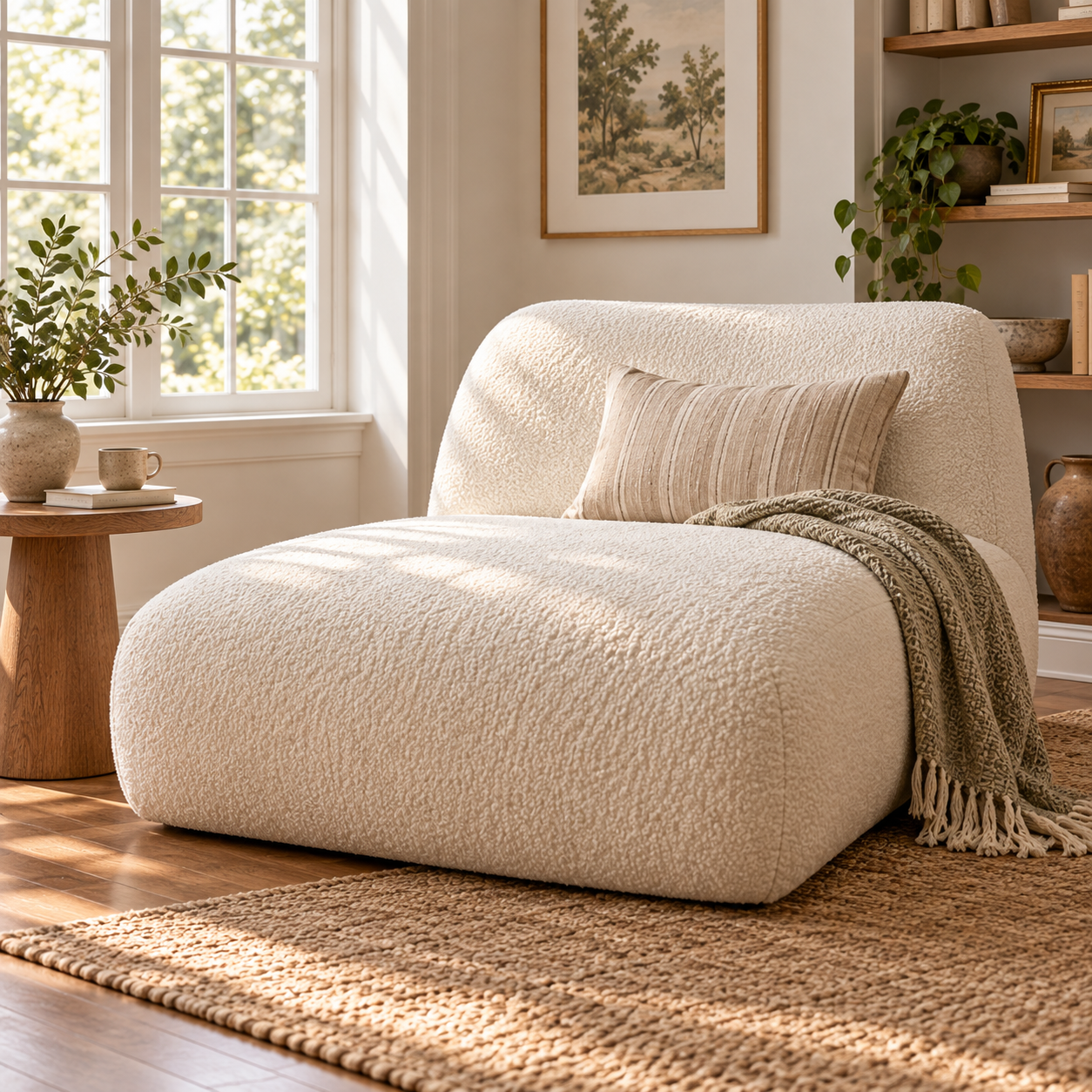 Oversized cream boucle boneless chaise lounge chair styled in a cozy neutral reading nook