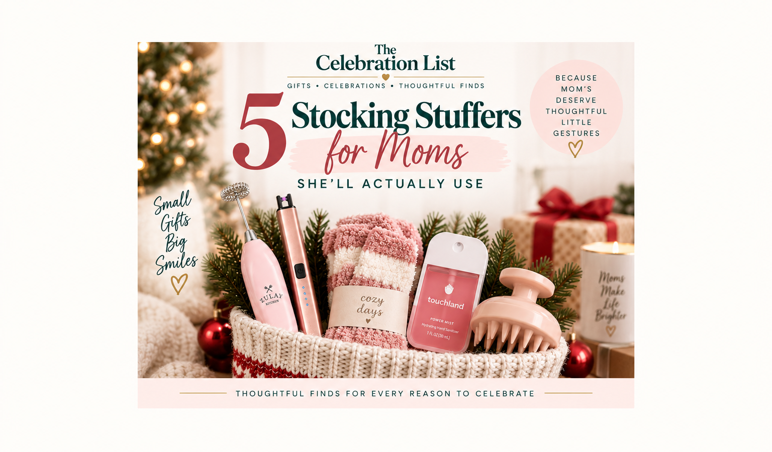 Five stocking stuffer ideas for moms, featuring a mini milk frother, rechargeable candle lighter, cozy socks, hand sanitizer spray, and scalp massager.