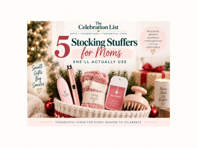 Five stocking stuffer ideas for moms, featuring a mini milk frother, rechargeable candle lighter, cozy socks, hand sanitizer spray, and scalp massager.