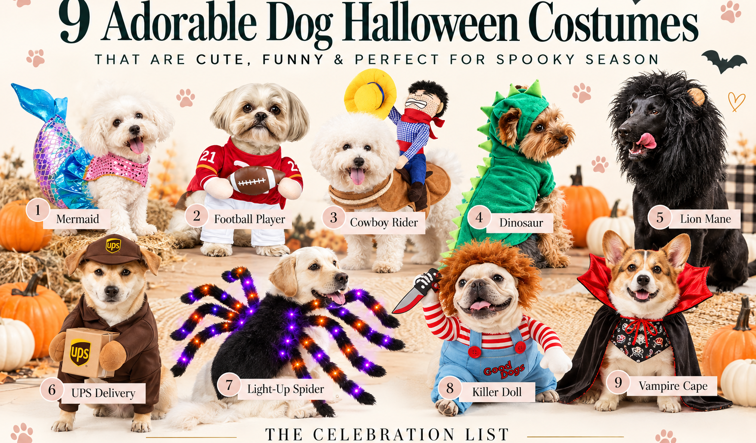 Nine dog Halloween costumes: mermaid, football player, cowboy rider, dinosaur, lion mane, UPS delivery, light-up spider, killer doll, and vampire cape.