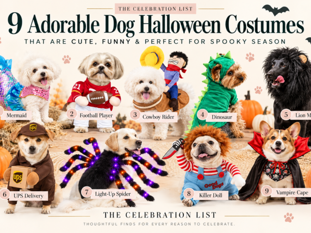 Nine dog Halloween costumes: mermaid, football player, cowboy rider, dinosaur, lion mane, UPS delivery, light-up spider, killer doll, and vampire cape.