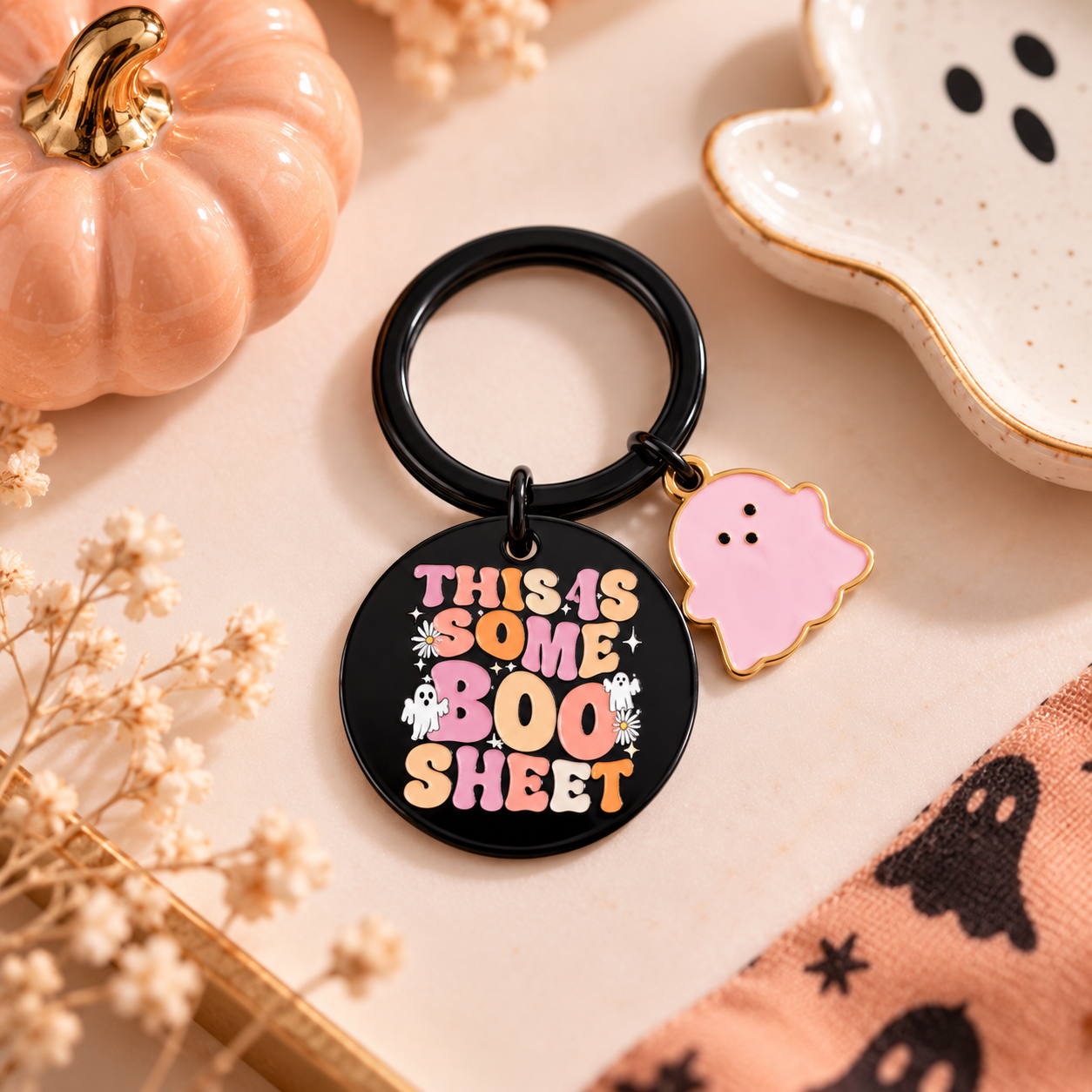 Aisity Halloween ghost keychain with black round Boo Sheet charm and pink ghost charm