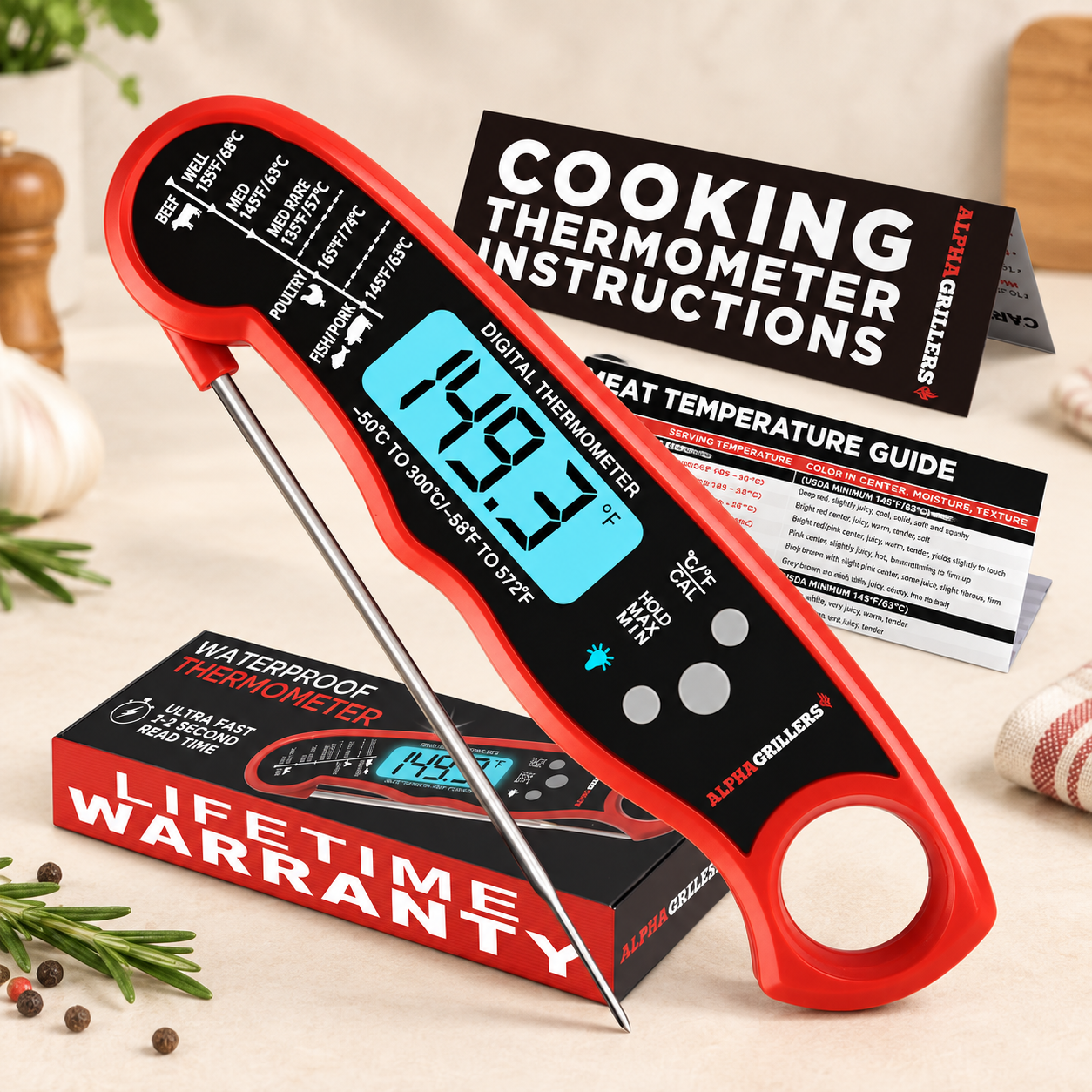 Red Alpha Grillers instant-read digital meat thermometer for Thanksgiving cooking