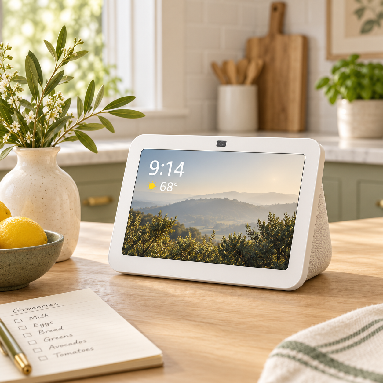 Glacier white Echo Show 8 smart display styled on a warm kitchen counter