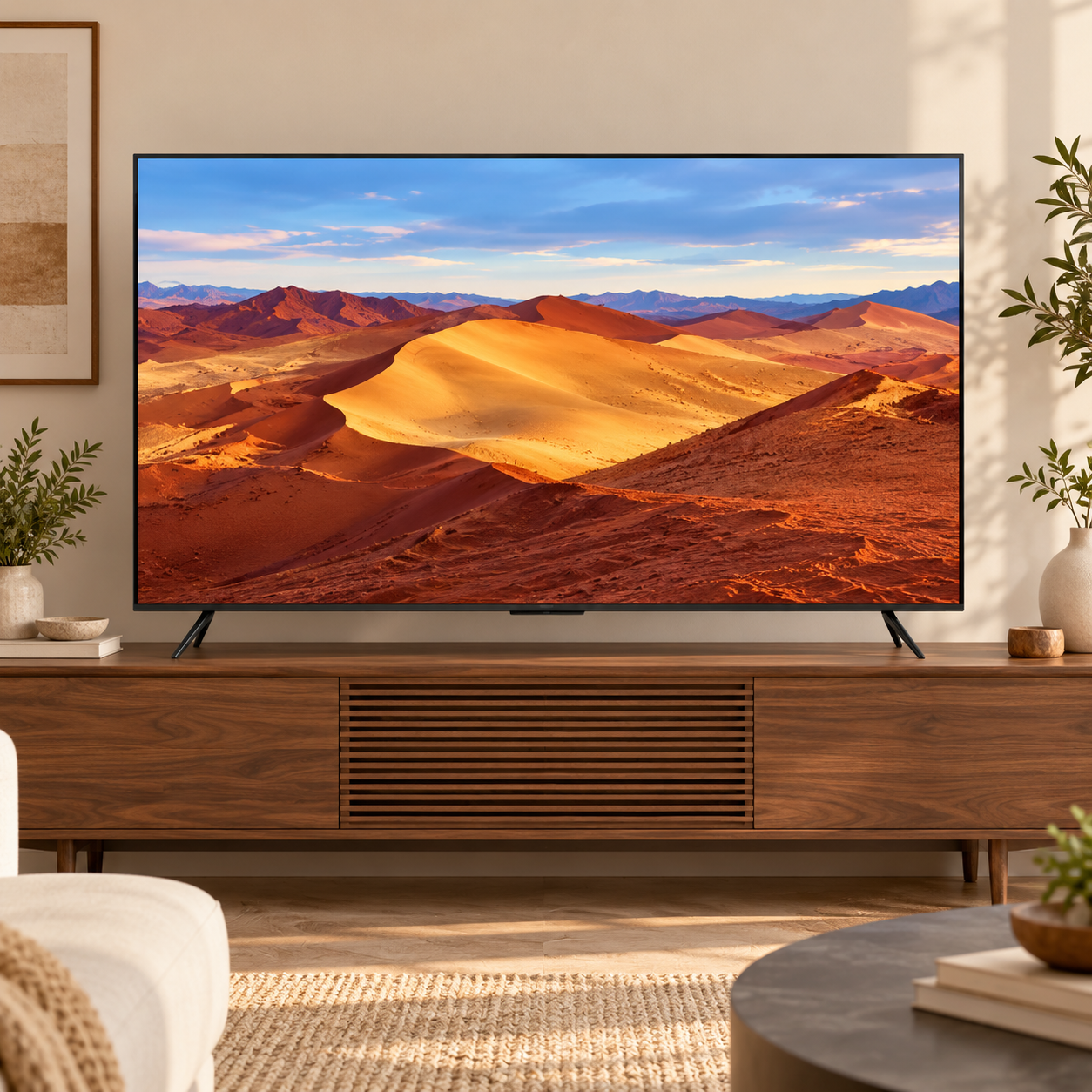Amazon Ember 65-inch Mini-LED smart TV displaying a vivid desert landscape in a warm neutral living room