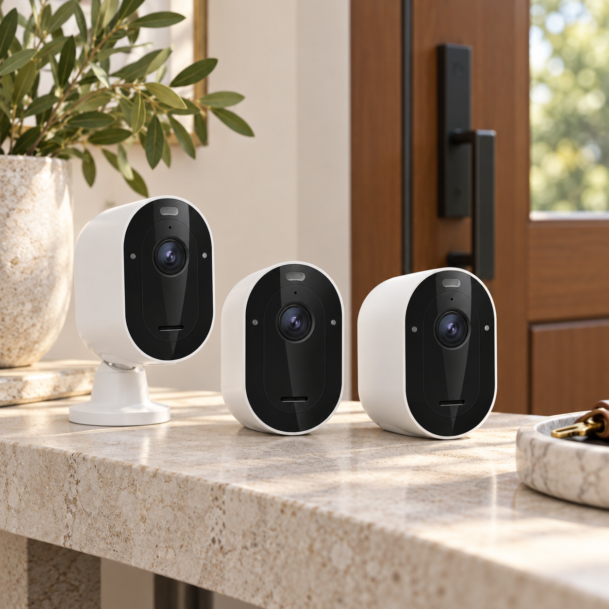 Three white Arlo Pro 2K wireless security cameras styled beside a modern front door