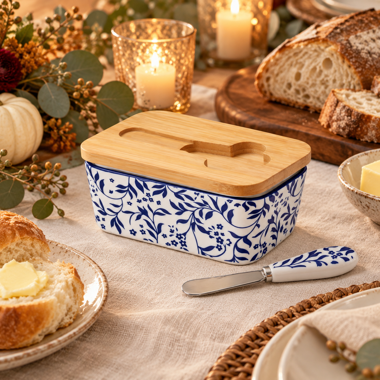 Blue-and-white floral ceramic butter dish with bamboo lid styled on a warm Thanksgiving table
