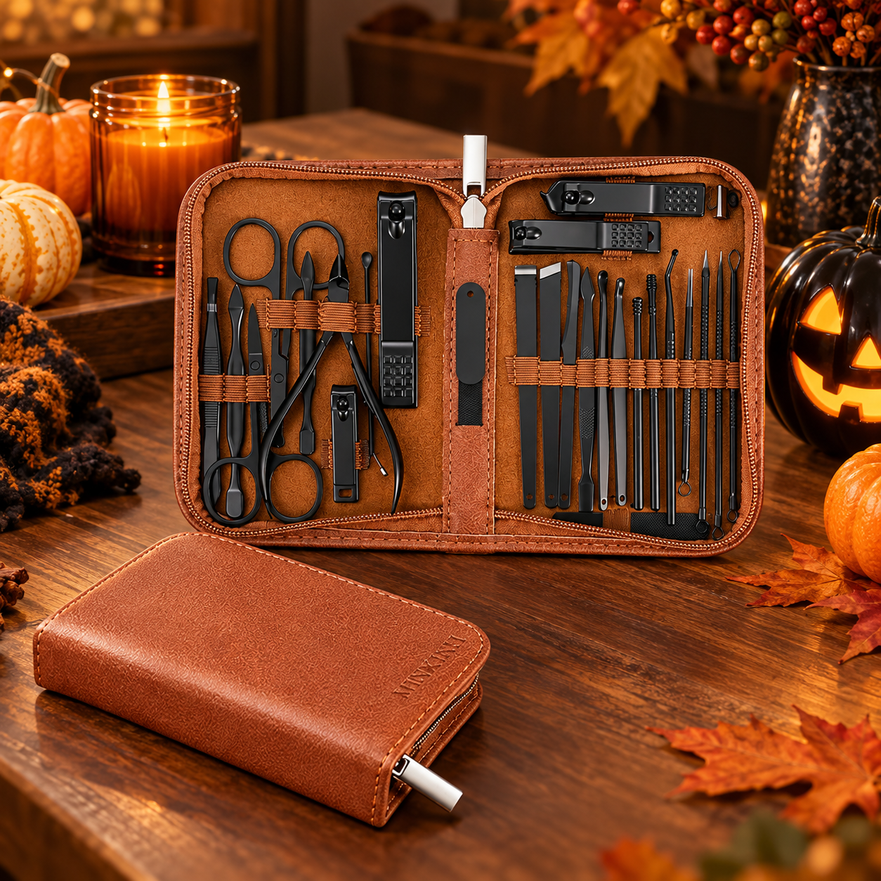 MINKINH 26-piece grooming and manicure kit in a brown travel case