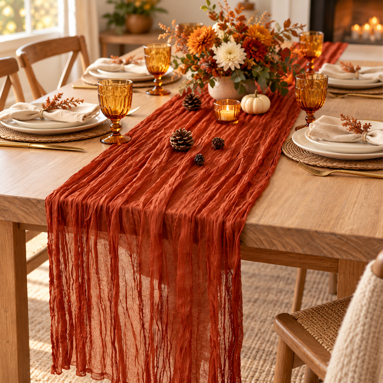 Burnt orange gauze table runner styled on a cozy Friendsgiving table