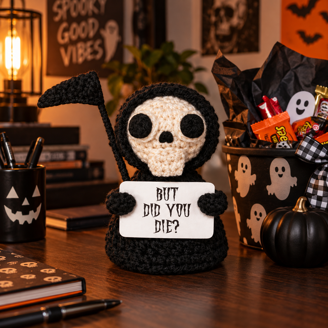But Did You Die crochet Grim Reaper plush styled beside a Halloween boo basket for teen boys
