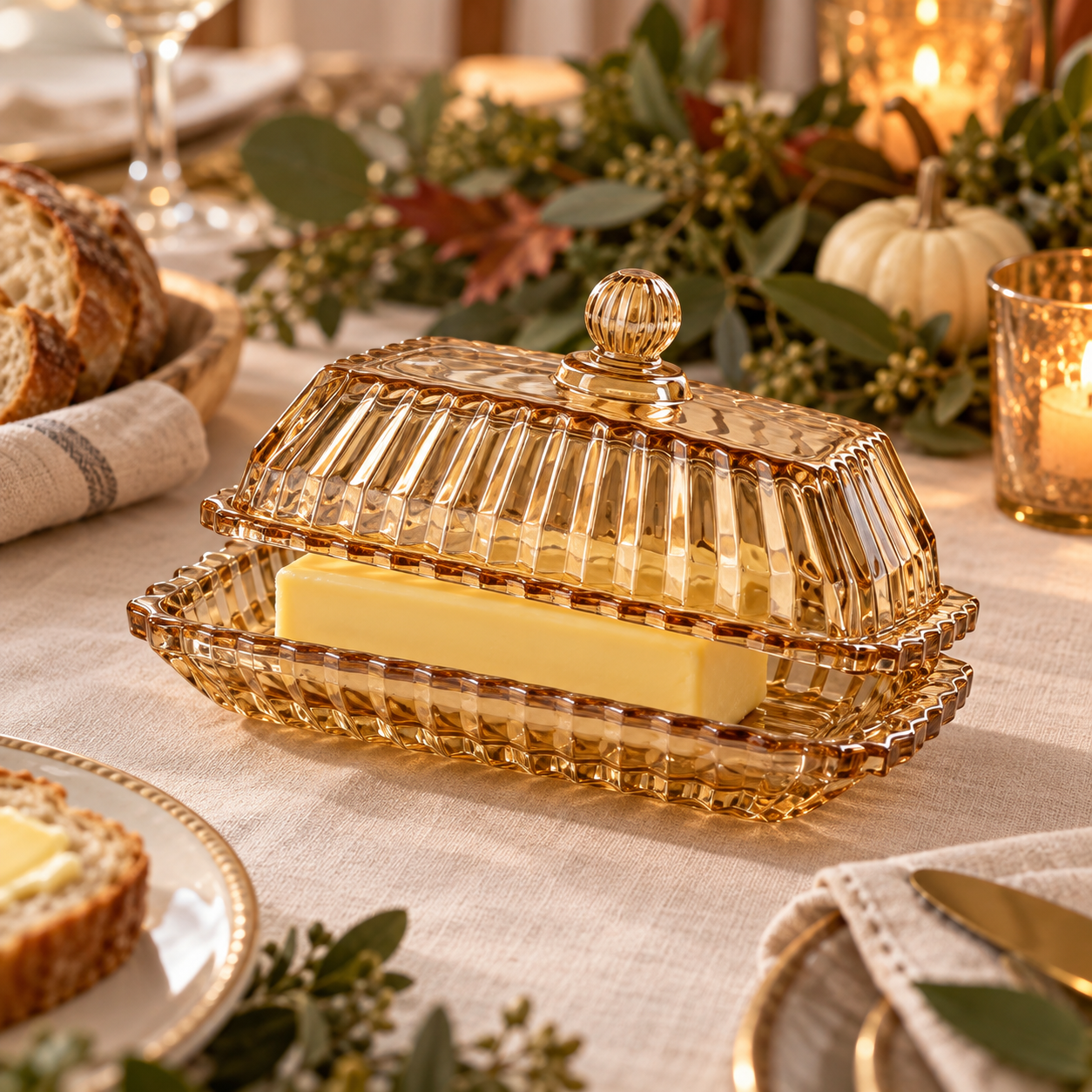 Champagne-colored vintage glass butter dish styled on an elegant Thanksgiving table