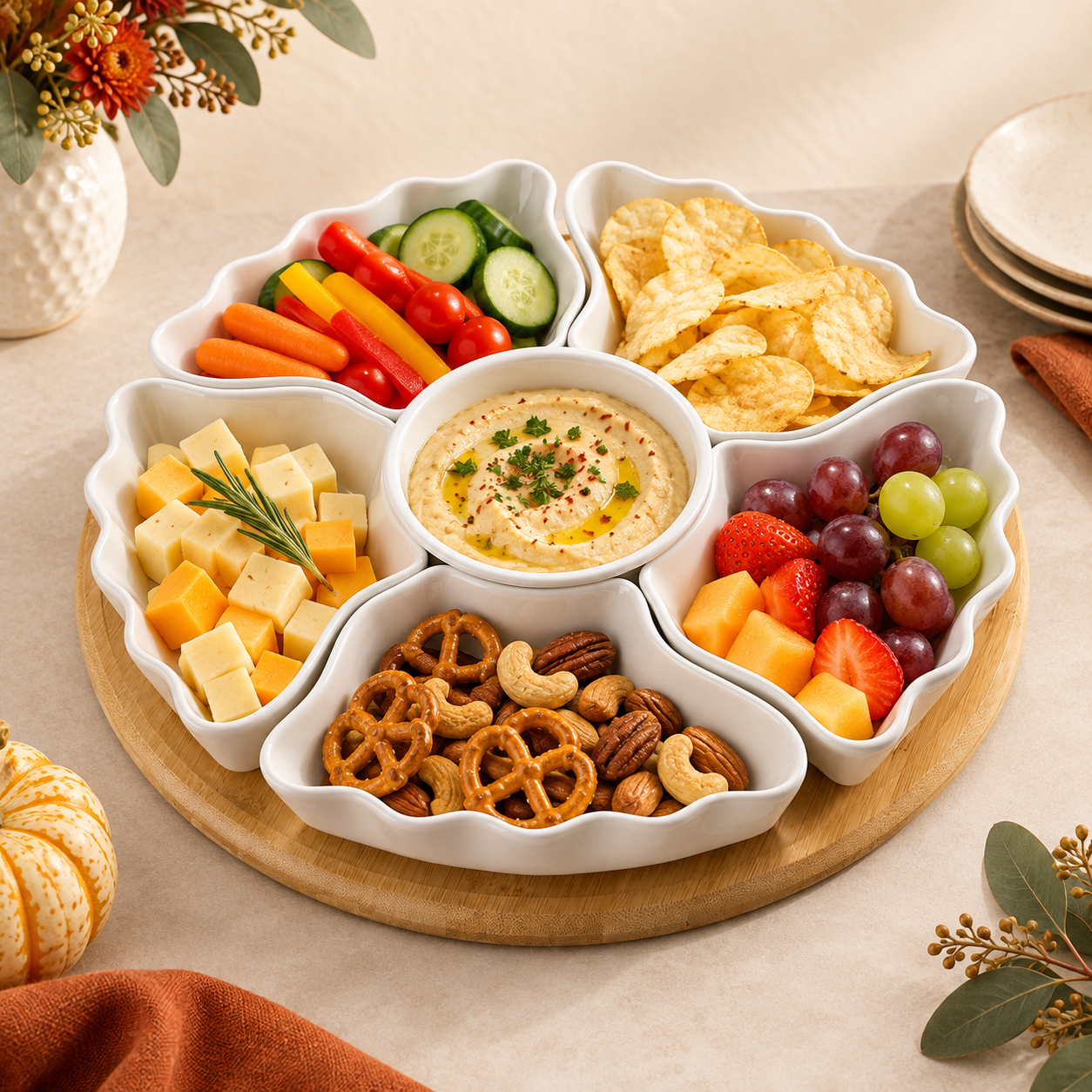 DOWAN rotating serving set with five white petal dishes, center dip bowl, and bamboo base
