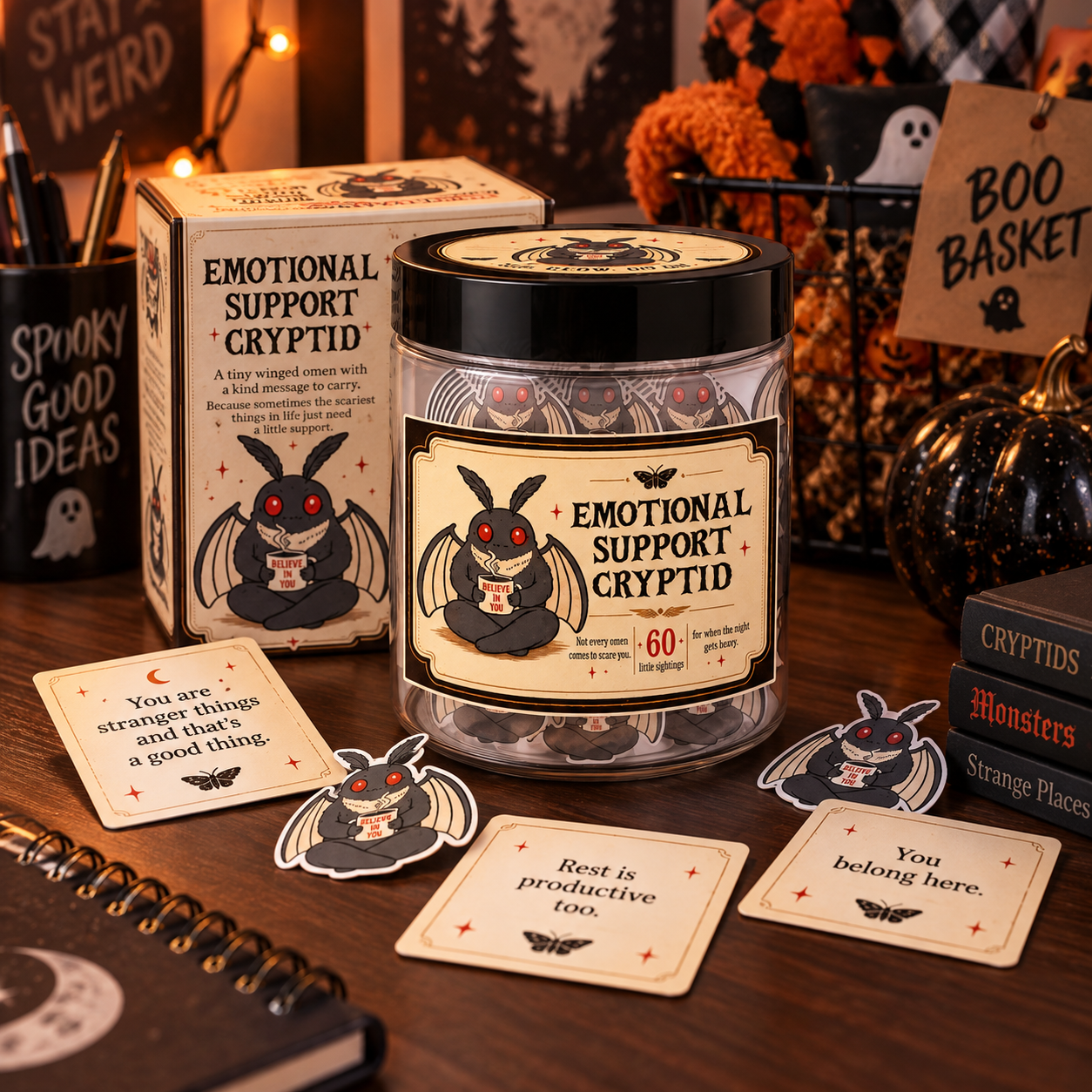 Emotional Support Cryptid jar with Mothman affirmation cards styled for a teen boy Halloween boo basket