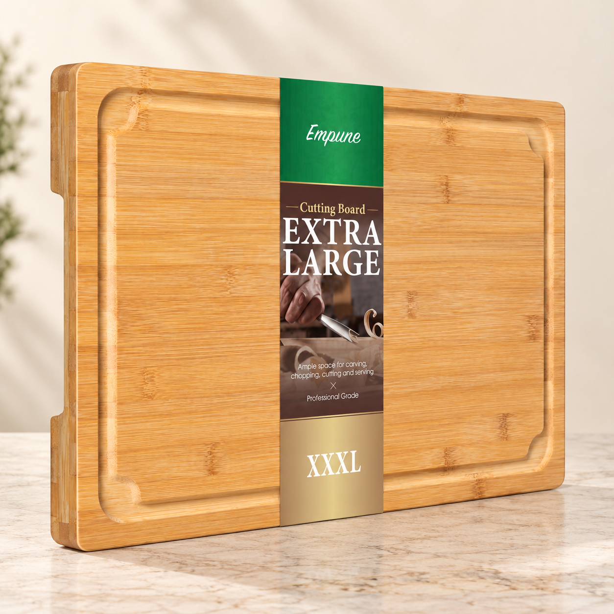 Empune extra-large bamboo cutting board with juice groove and side handles