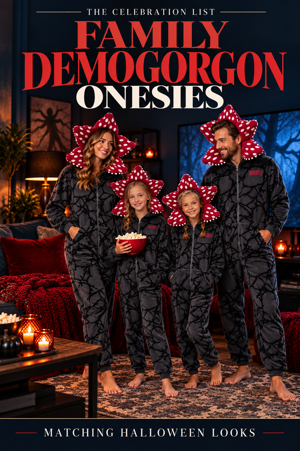 Family wearing matching Demogorgon-inspired Halloween onesies