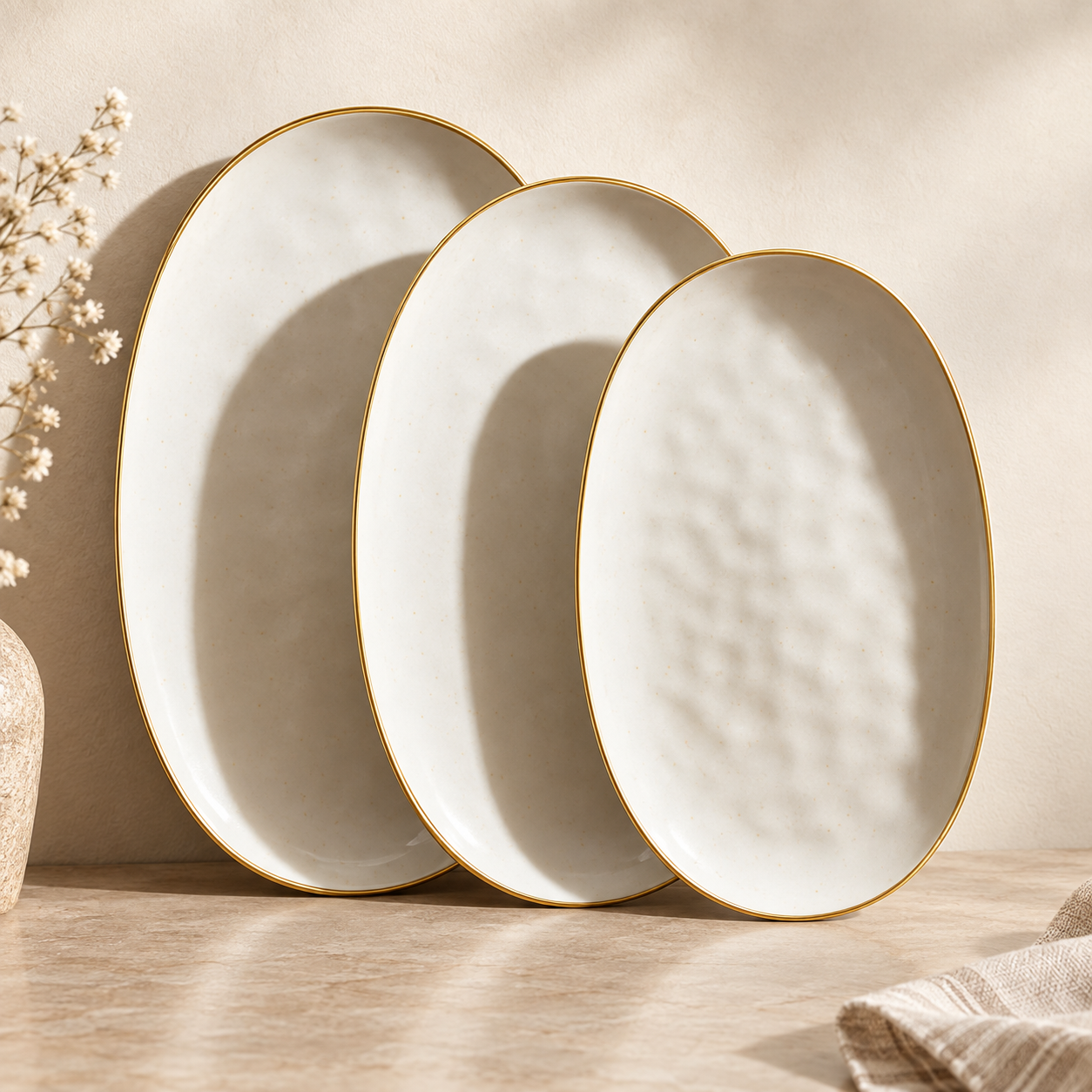 Three Famiware vanilla-white oval serving platters with slim gold rims