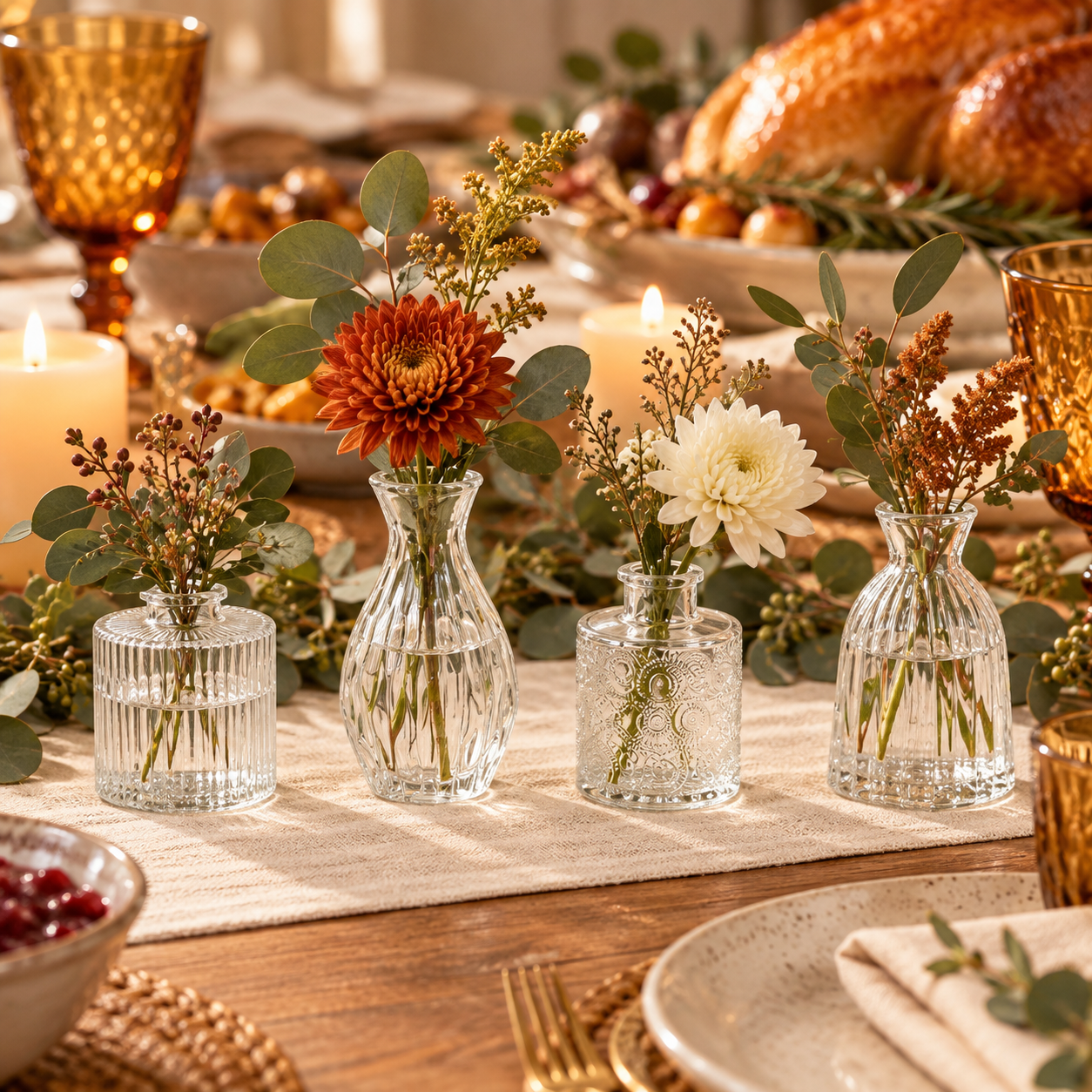 Four clear vintage embossed bud vases styled on a Friendsgiving table