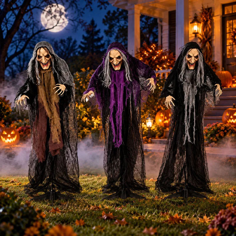 Three scary hag-faced Halloween witches in brown purple and black ragged robes