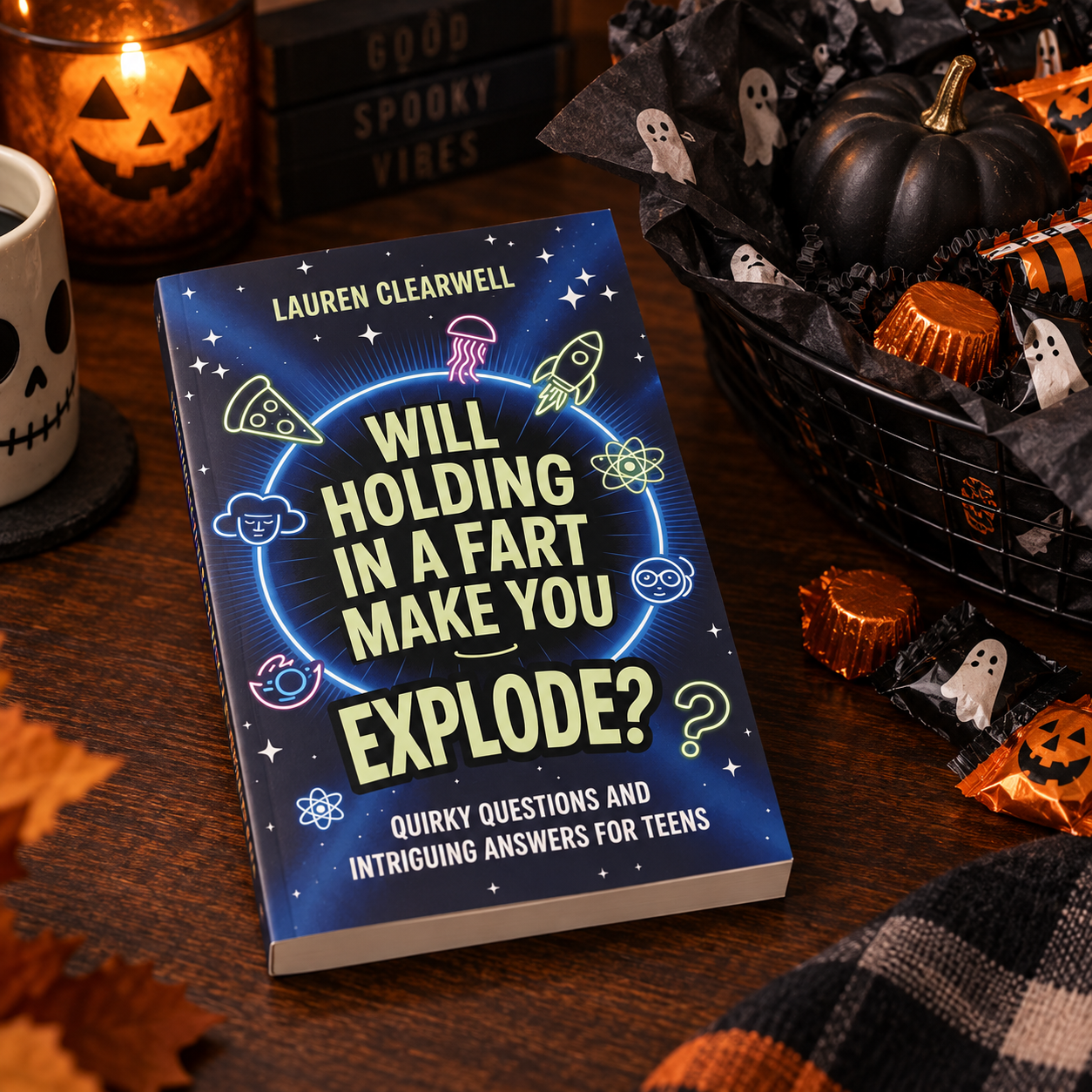Will Holding in a Fart Make You Explode book styled beside a Halloween boo basket for teen boys
