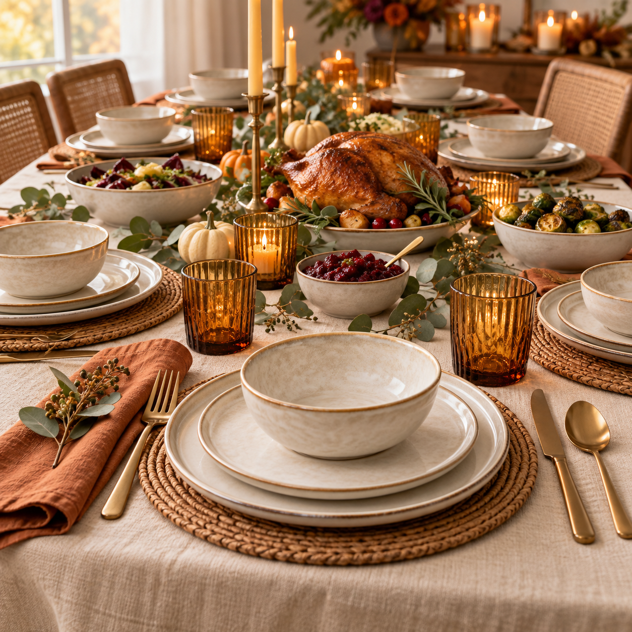 GBHOME cappuccino reactive-glaze dinnerware set styled on a Friendsgiving table