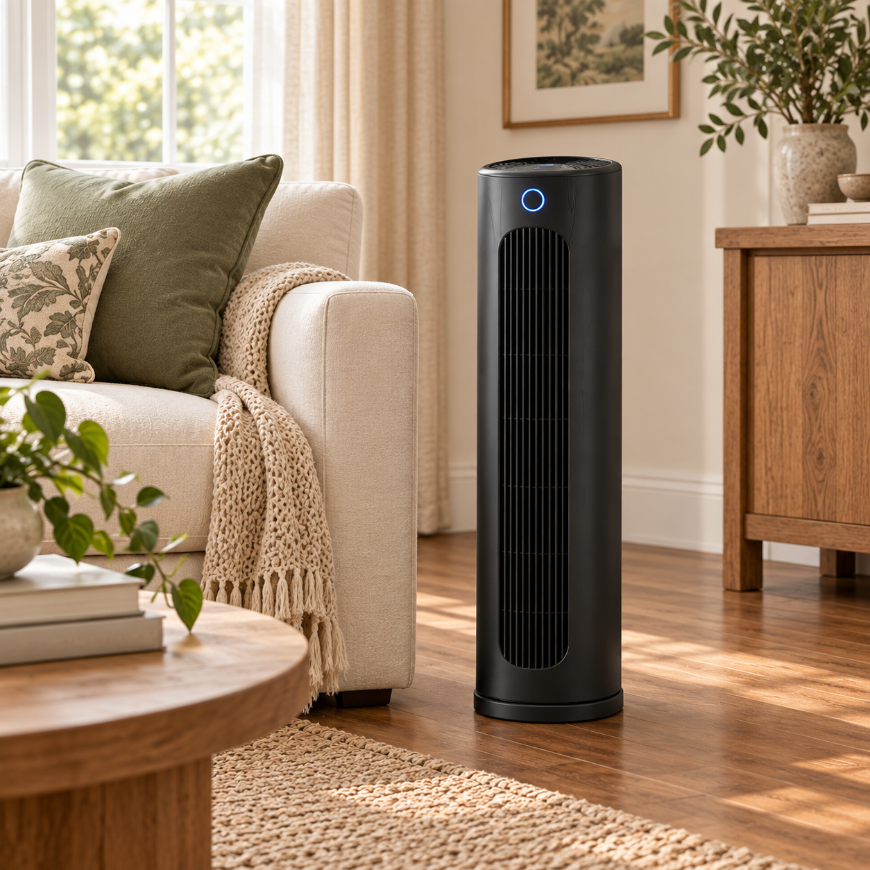 Tall black GermGuardian HEPA air purifier styled beside a cream sofa in a neutral living room