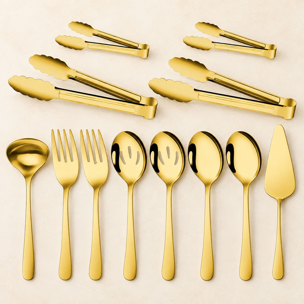 Gisly polished-gold serving-utensil set with spoons, forks, tongs, ladle, and pie server