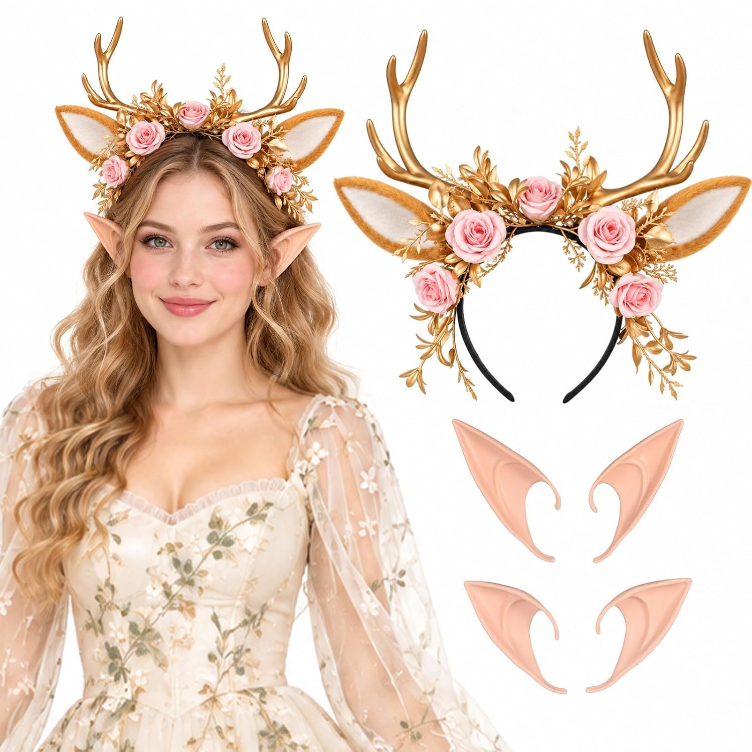 Gold floral antler headband with elf ears