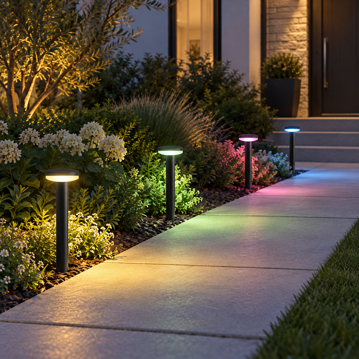 Four Govee outdoor pathway lights casting colorful pools of light along a landscaped front walkway
