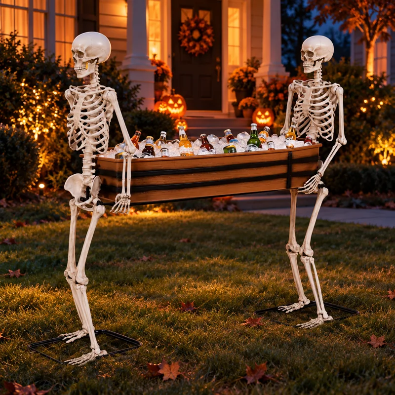 Two skeletons carrying a coffin-shaped drink cooler