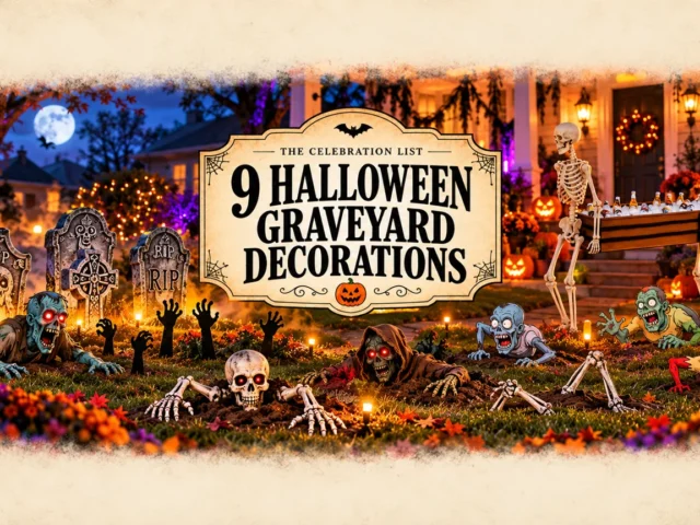 Nine Halloween graveyard decoration ideas arranged on a pumpkin-lit lawn