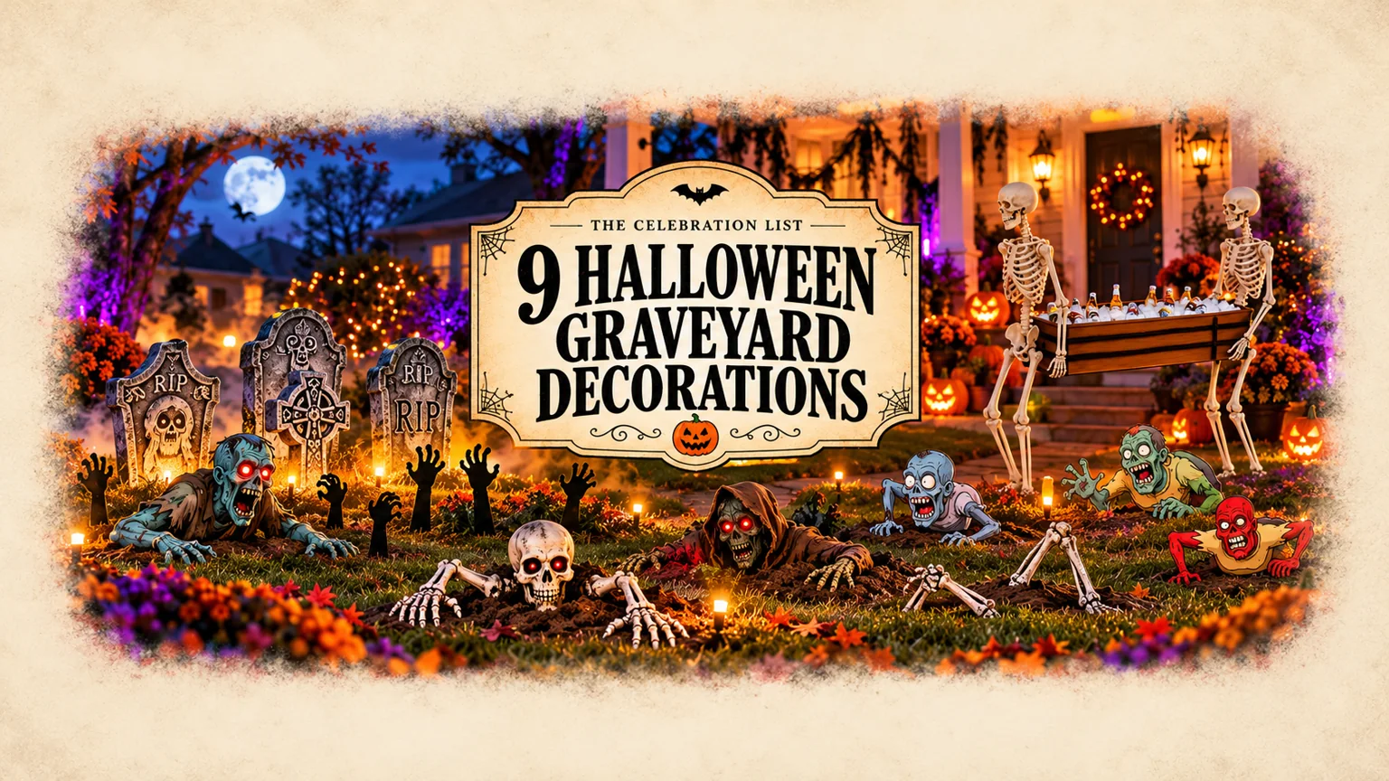 Nine Halloween graveyard decoration ideas arranged on a pumpkin-lit lawn