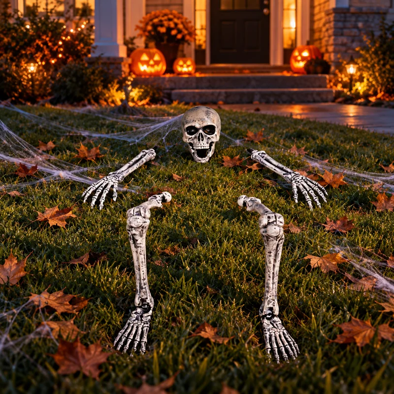 Skeleton skull arms and legs arranged in a lawn