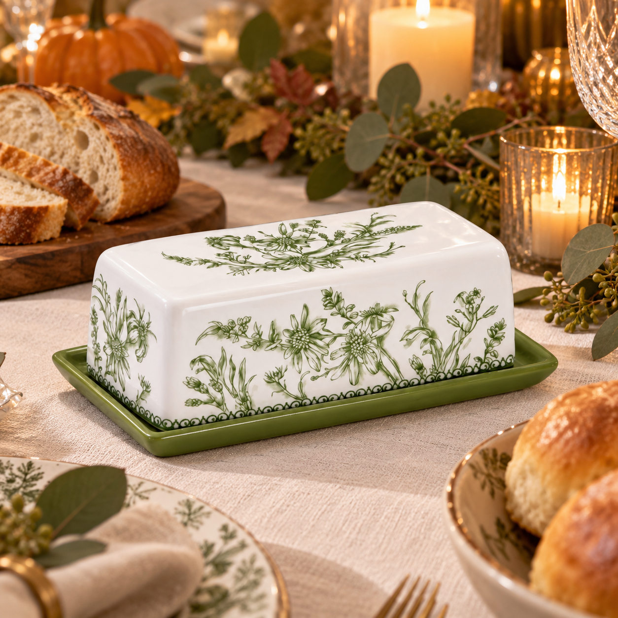 Green garden toile ceramic butter dish on an elegant Thanksgiving table
