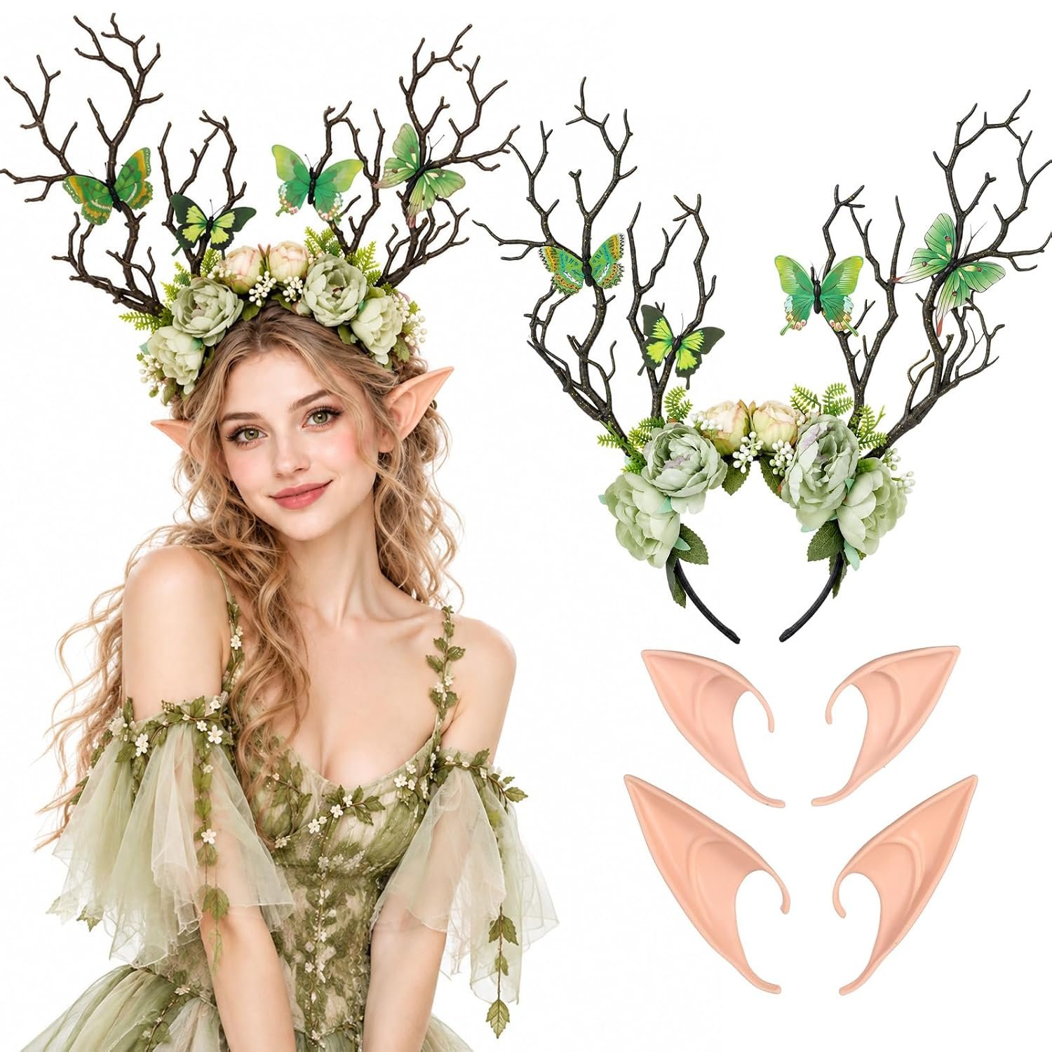 Green flower branch headband with elf ears