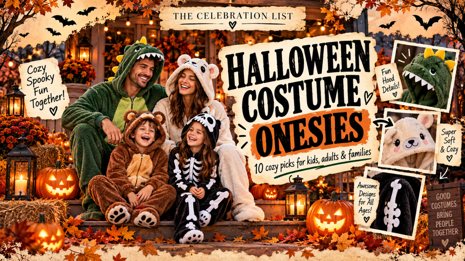 Family in cozy Halloween costume onesies on a pumpkin-lit porch