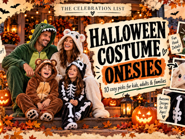 Family in cozy Halloween costume onesies on a pumpkin-lit porch