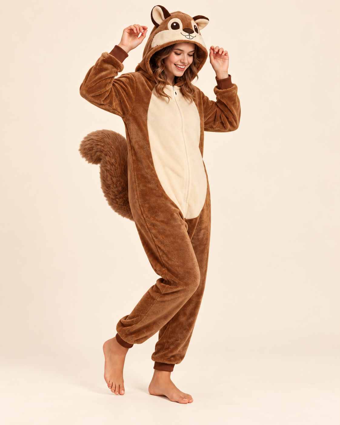 Adult wearing a brown squirrel fleece costume onesie