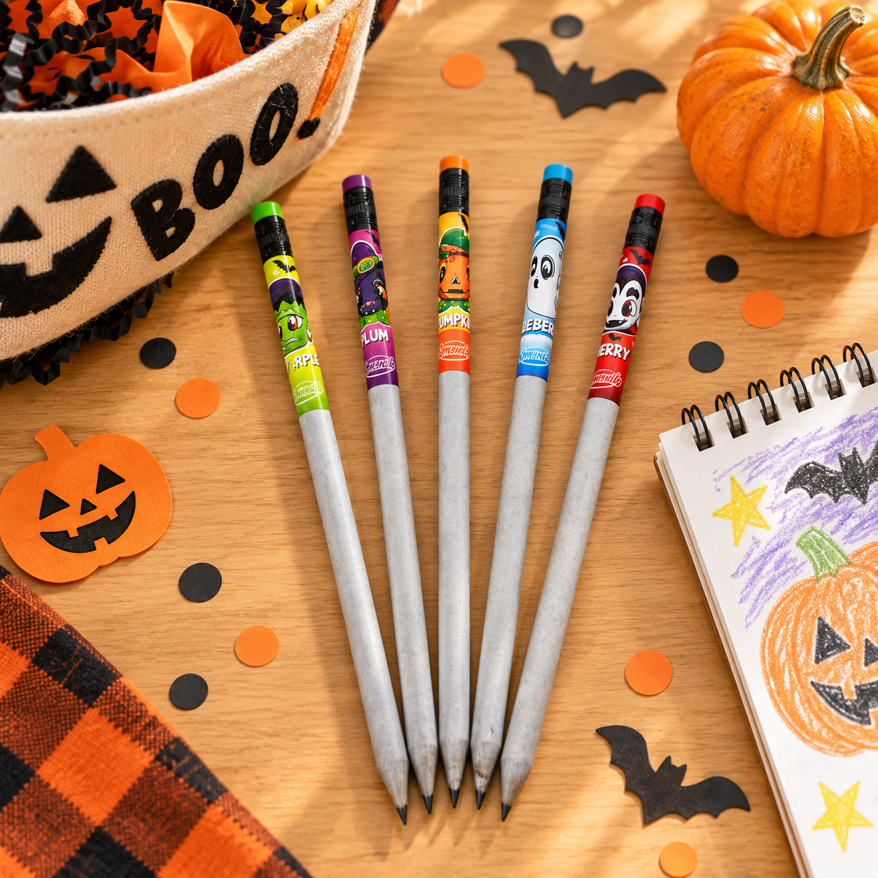 Five Halloween Smencils scented pencils styled beside a kids’ Halloween boo basket