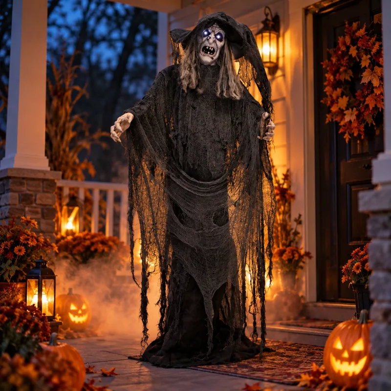 Ragged gray-faced animatronic witch in black gauze by a covered porch