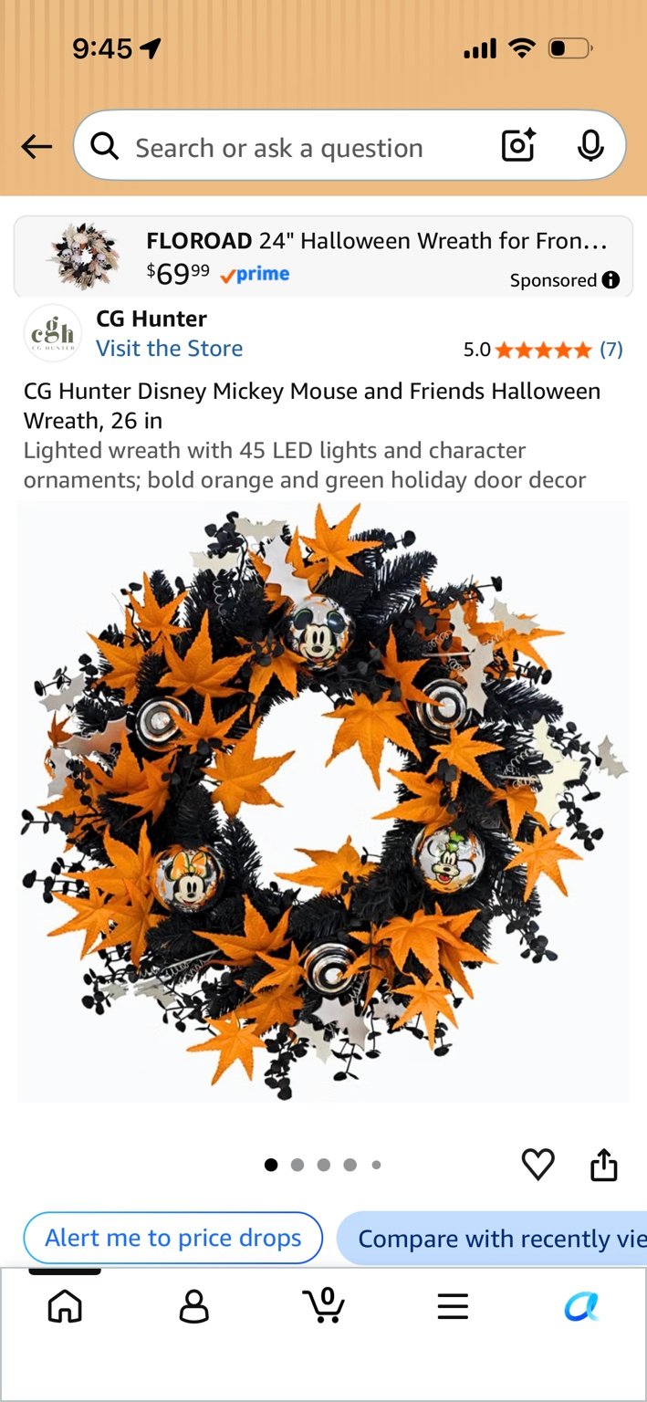 CG Hunter Disney Mickey Mouse and Friends Halloween wreath with orange leaves and character ornaments