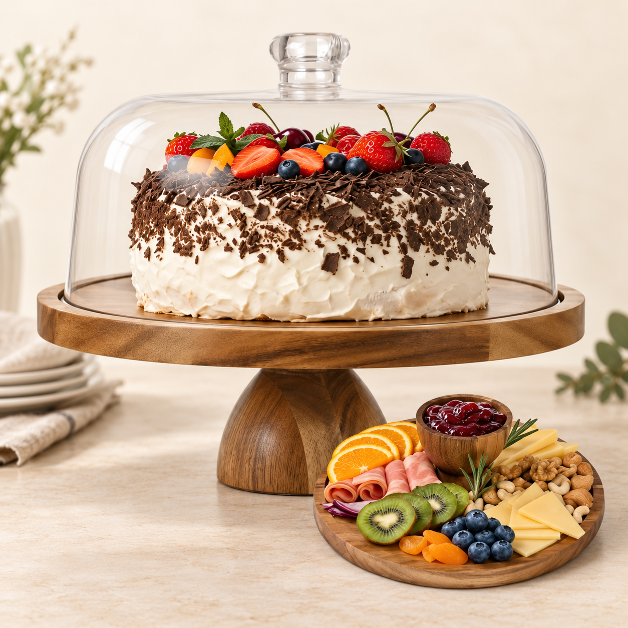 JOCHER acacia-wood cake stand with clear acrylic dome and reversible serving board