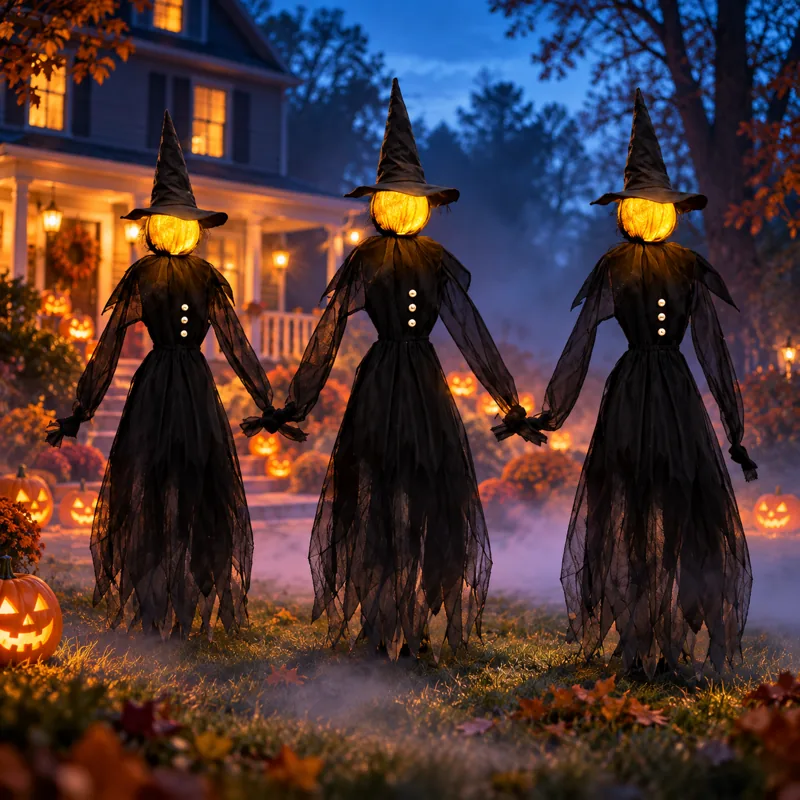 Three tall black-robed witches with warm glowing heads holding hands on a lawn